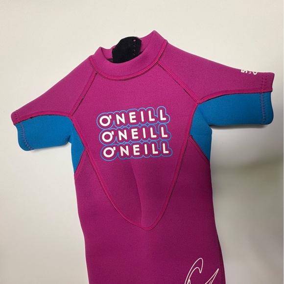 O’Neil Toddler Size 1 Wetsuit Back Zip Berry Pink Shorts Short Sleeves 50+ UPF - Picture 2 of 6